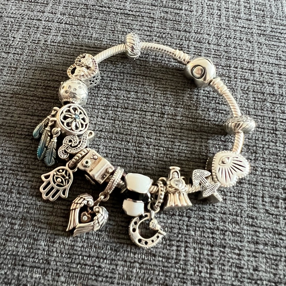 Pandora Silver Charm Bracelet with White and Turquoise Accents